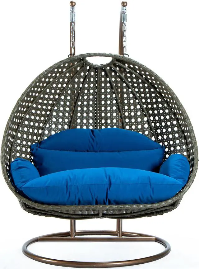 Main image of LeisureMod Beige Wicker 2 person Double Hanging Egg Swing Chair in Blue