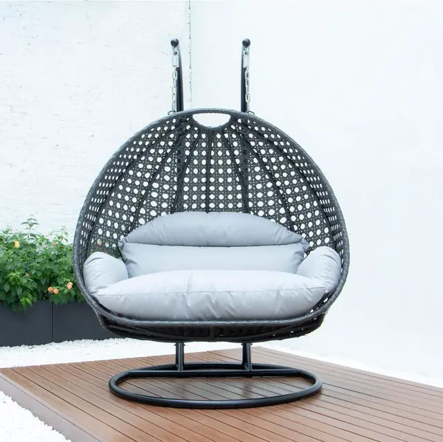 Alt view image 2 of 14 - LeisureMod Charcoal Wicker 2 person Double Hanging Egg Swing Chair in Light Grey