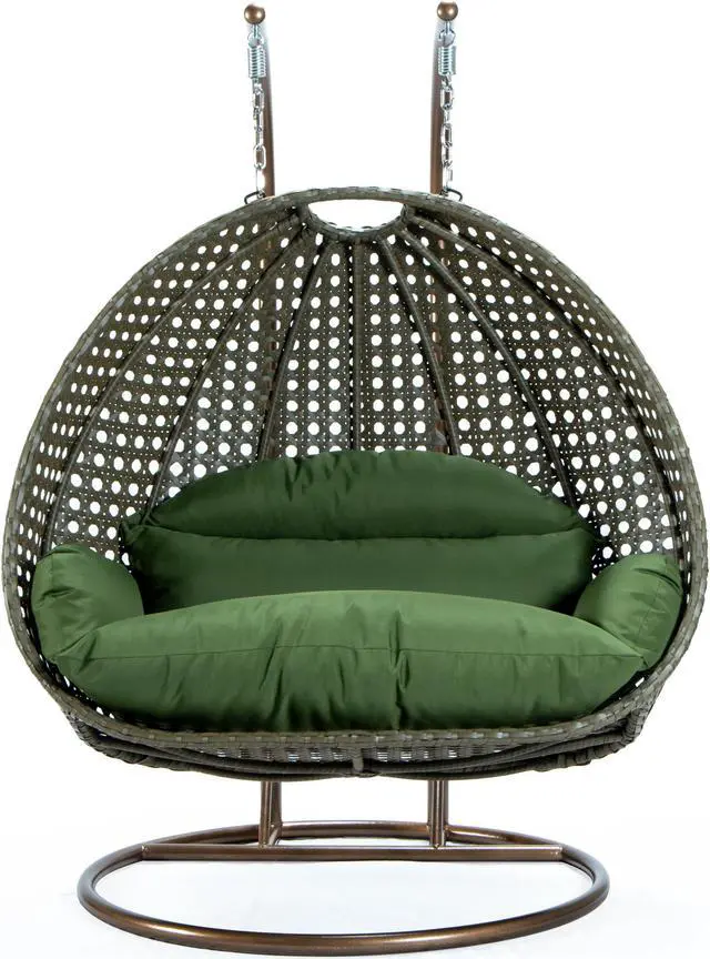 Main image of LeisureMod Beige Wicker 2 person Double Hanging Egg Swing Chair in Dark Green