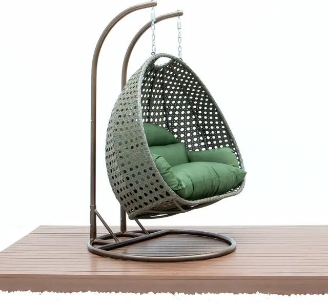 Alt view image 4 of 14 - LeisureMod Beige Wicker 2 person Double Hanging Egg Swing Chair in Dark Green