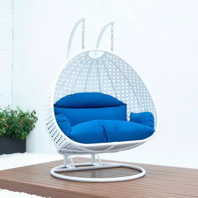 Alt view image 3 of 13 - LeisureMod White Wicker 2 person Double Hanging Egg Swing Chair in Blue