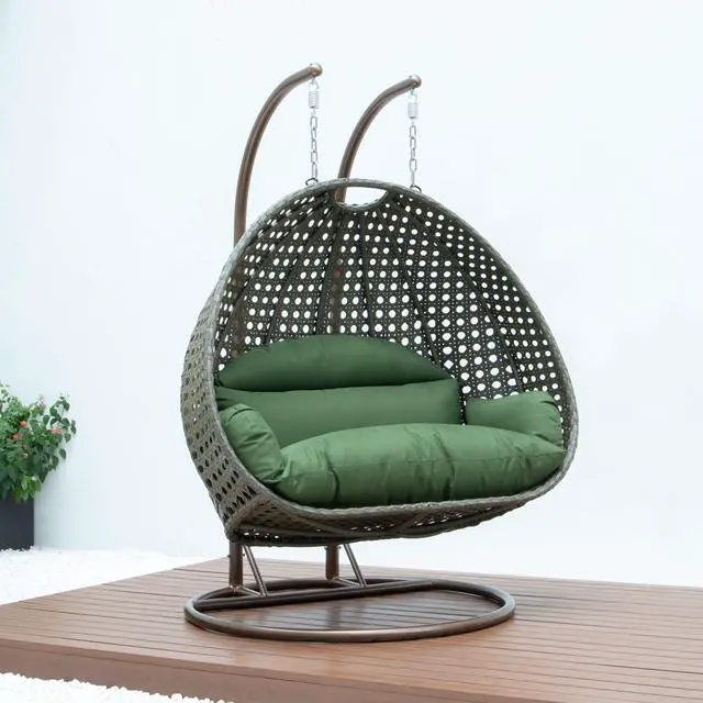 Alt view image 3 of 14 - LeisureMod Beige Wicker 2 person Double Hanging Egg Swing Chair in Dark Green