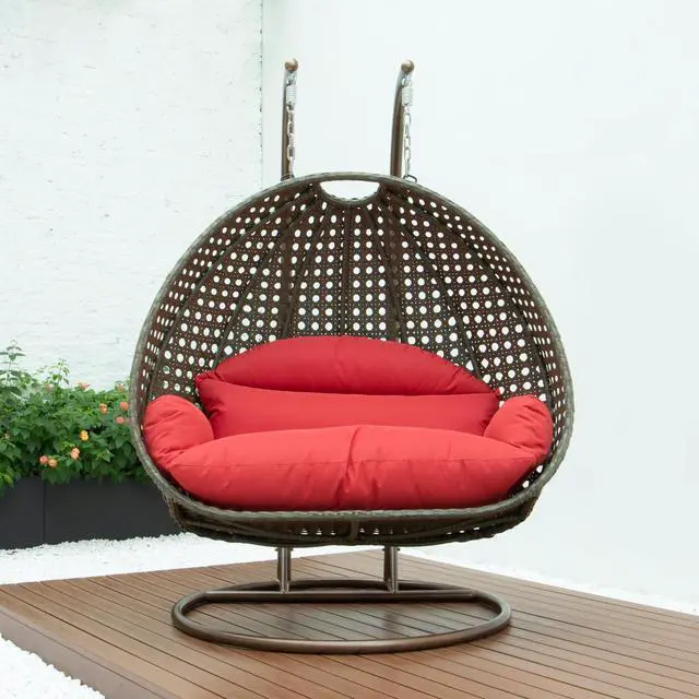 Alt view image 2 of 14 - LeisureMod Beige Wicker 2 person Double Hanging Egg Swing Chair in Red