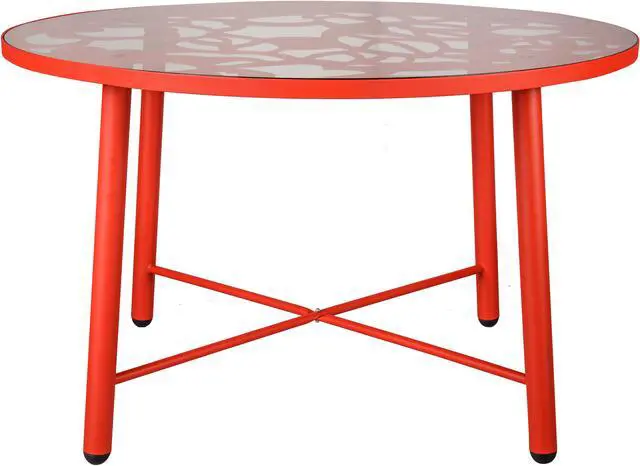 Alt view image 2 of 20 - LeisureMod Devon Tree Design Glass Top Aluminum Base Indoor Outdoor Dining Table, Red