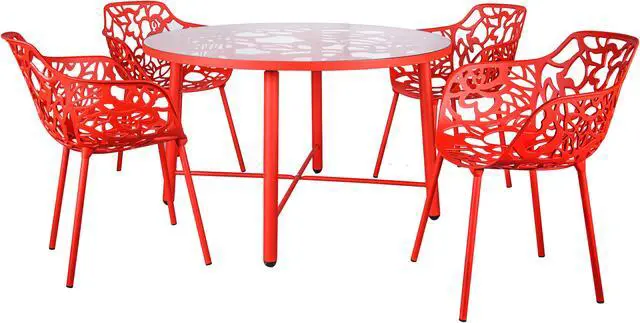 Alt view image 3 of 20 - LeisureMod Devon Tree Design Glass Top Aluminum Base Indoor Outdoor Dining Table, Red