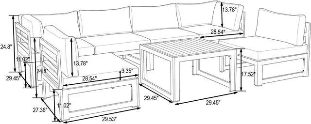 Alt view image 6 of 6 - LeisureMod Chelsea 7-Piece Modern Outdoor Patio Sectional Sofa Set and Coffee Table with Black Aluminum Frame and Removable Cushions in Blue
