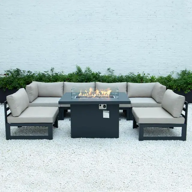 Alt view image 3 of 7 - LeisureMod Chelsea 7-Piece Modern Outdoor Patio Sectional Sofa Set With Propane Fire Pit Table with Black Aluminum Frame and Removable Cushions in Beige