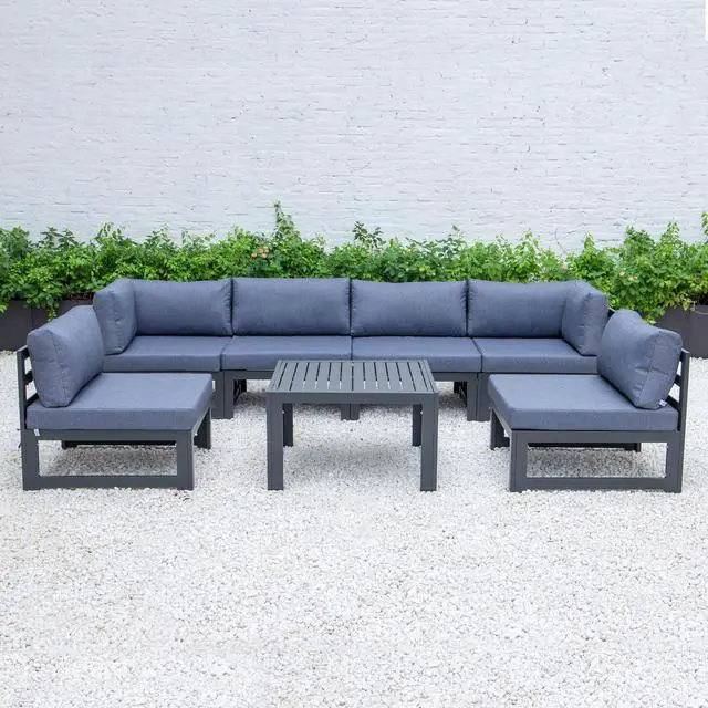 Alt view image 2 of 6 - LeisureMod Chelsea 7-Piece Modern Outdoor Patio Sectional Sofa Set and Coffee Table with Black Aluminum Frame and Removable Cushions in Blue