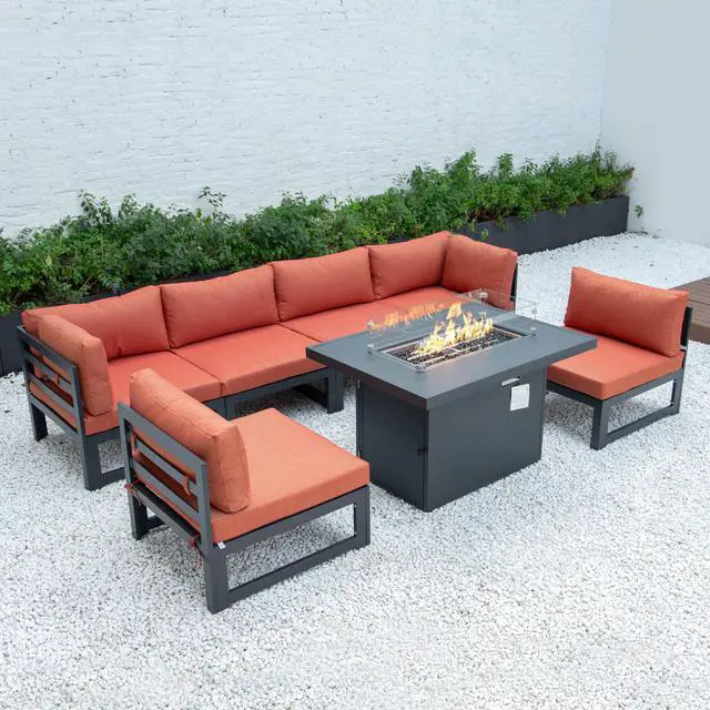 Main image of LeisureMod Chelsea 7-Piece Modern Outdoor Patio Sectional Sofa Set With Propane Fire Pit Table with Black Aluminum Frame and Removable Cushions in Orange