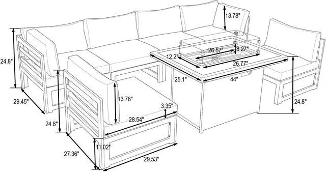 Alt view image 7 of 7 - LeisureMod Chelsea 7-Piece Modern Outdoor Patio Sectional Sofa Set With Propane Fire Pit Table with Black Aluminum Frame and Removable Cushions in Orange