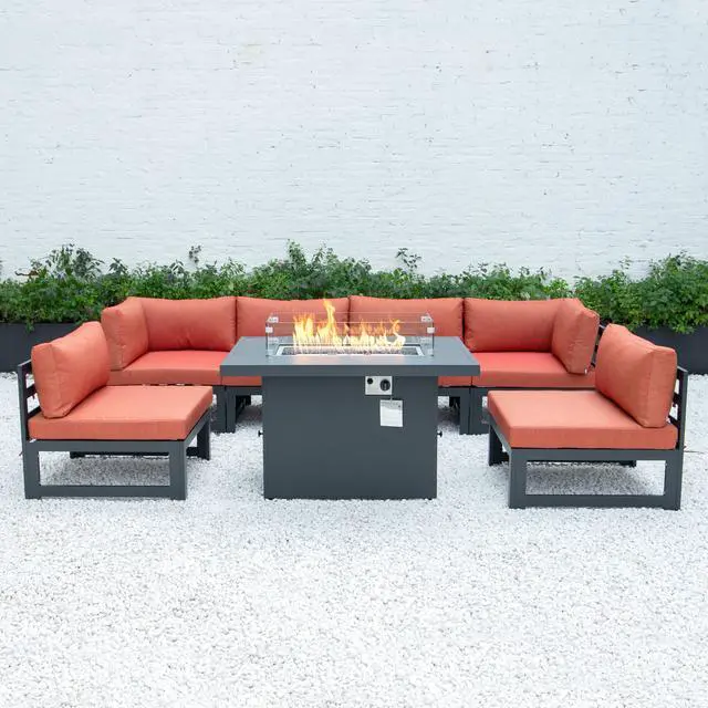 Alt view image 3 of 7 - LeisureMod Chelsea 7-Piece Modern Outdoor Patio Sectional Sofa Set With Propane Fire Pit Table with Black Aluminum Frame and Removable Cushions in Orange