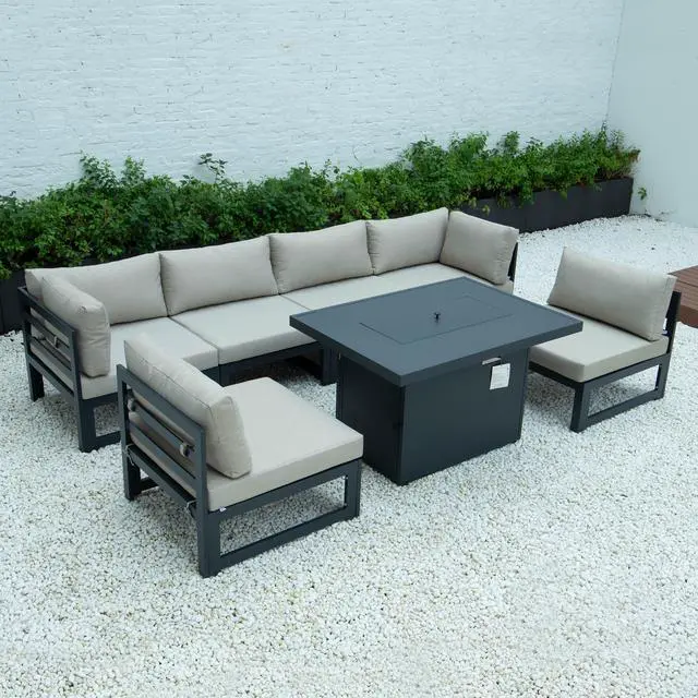 Alt view image 2 of 7 - LeisureMod Chelsea 7-Piece Modern Outdoor Patio Sectional Sofa Set With Propane Fire Pit Table with Black Aluminum Frame and Removable Cushions in Beige