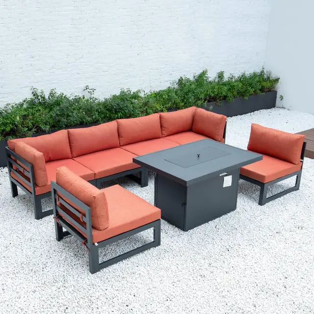Alt view image 2 of 7 - LeisureMod Chelsea 7-Piece Modern Outdoor Patio Sectional Sofa Set With Propane Fire Pit Table with Black Aluminum Frame and Removable Cushions in Orange