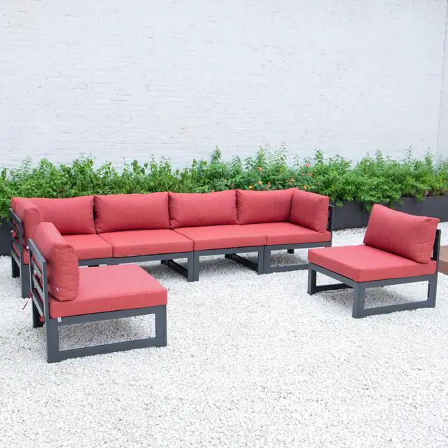 Alt view image 2 of 7 - LeisureMod Chelsea 6-Piece Modern Outdoor Patio Sectional Sofa Set with Black Aluminum Frame and Removable Cushions in Red