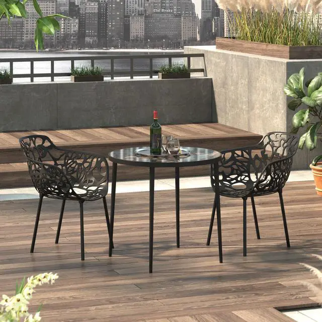 Main image of LeisureMod Devon Tree Design Glass Top Aluminum Base Indoor Outdoor Bistro Dining Table, Black