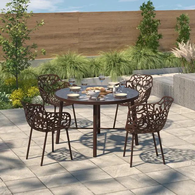 Main image of LeisureMod Devon Tree Design Glass Top Aluminum Base Indoor Outdoor Dining Table, Brown