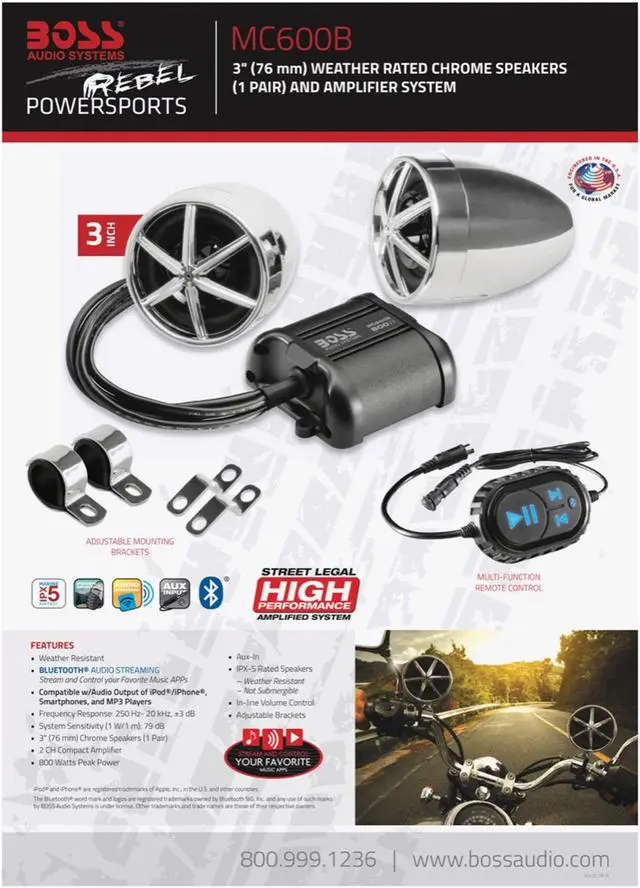 Alt view image 7 of 9 - Boss Audio 2.0 Speaker System Boss Audio MC600B Chrome 800 watt Motorcycle/ATV Sound System with Bluetooth Audio Streaming, One Pair of 3 Inch Weather Proof Speakers, Aux Input and Multi-function