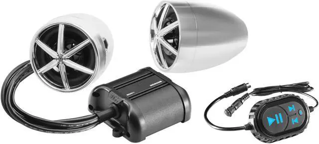 Alt view image 2 of 9 - Boss Audio 2.0 Speaker System Boss Audio MC600B Chrome 800 watt Motorcycle/ATV Sound System with Bluetooth Audio Streaming, One Pair of 3 Inch Weather Proof Speakers, Aux Input and Multi-function