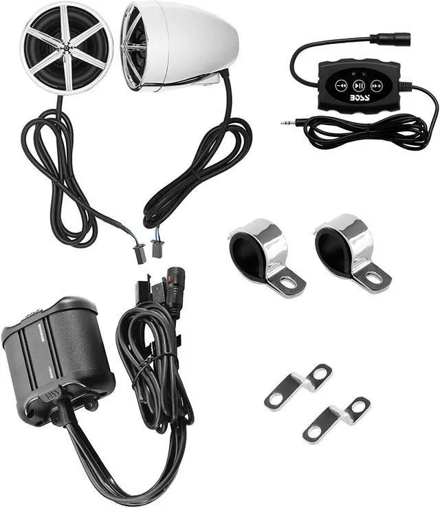 Alt view image 3 of 9 - Boss Audio 2.0 Speaker System Boss Audio MC600B Chrome 800 watt Motorcycle/ATV Sound System with Bluetooth Audio Streaming, One Pair of 3 Inch Weather Proof Speakers, Aux Input and Multi-function
