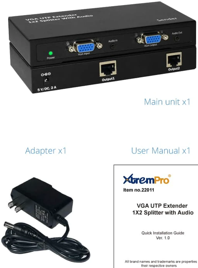 Pro Panel Extender XtremPro 1x2 VGA UTP Extender Splitter w/Audio, Cat5/6 up to 984feet ...