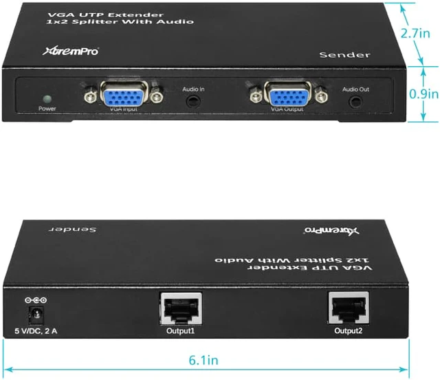 Pro Panel Extender XtremPro 1x2 VGA UTP Extender Splitter w/Audio, Cat5/6 up to 984feet ...