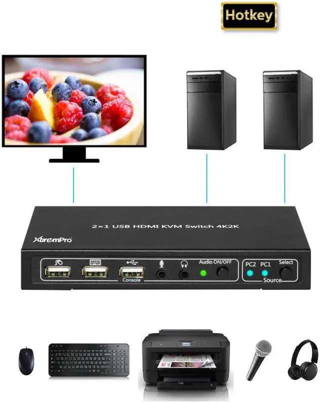 Alt view image 3 of 6 - XtremPro 2x1KVM HDMI Port 1.4 & USB Type B w/2 Channels Switch w/USB Type A 2.0 Keyboard, Mouse, Console, Audio & Microphone Port for Window, Mac, Linux, Game consoles, DVD etc- Black (61076)