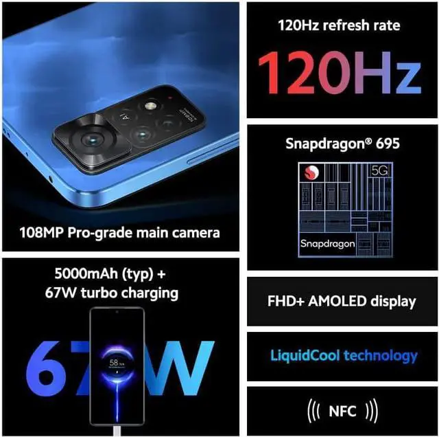Alt view image 5 of 7 - Xiaomi Redmi Note 11 Pro 5G, 6.67" FHD+ AMOLED DotDisplay, 128GB + 8GB RAM, 108MP Camera, Factory Unlocked GSM Smartphone, International Version - Graphite Gray