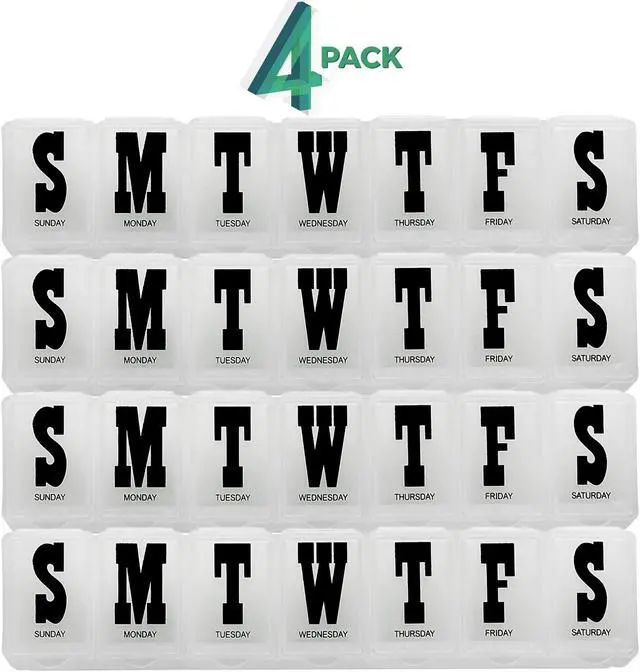 Main image of Pill Organizers - Pack of 4 Bold Letter Weekly Pill Planners for 28 Days Total to Separate Supplements, Fish Oils & Vitamins Daily Medication Reminder for Travel & Purse