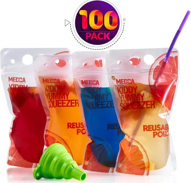 Main image of Clear Drink Pouches with Straw - Double Zipper Reusable Smoothie, Juice and Drink Bag