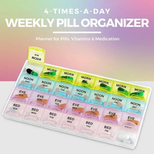 Alt view image 2 of 7 - Pill Organizer - Large Pill Organizer with Weekly and Daily 4-Times-A-Day Compartments for Morning, Noon, Evening, Night - BPA-Free, Portable and Travel Friendly Pill Boxes Case