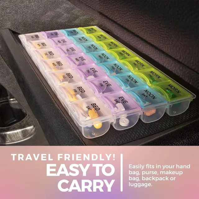 Alt view image 4 of 7 - Pill Organizer - Large Pill Organizer with Weekly and Daily 4-Times-A-Day Compartments for Morning, Noon, Evening, Night - BPA-Free, Portable and Travel Friendly Pill Boxes Case