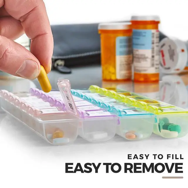 Alt view image 5 of 7 - Pill Organizer - Large Pill Organizer with Weekly and Daily 4-Times-A-Day Compartments for Morning, Noon, Evening, Night - BPA-Free, Portable and Travel Friendly Pill Boxes Case