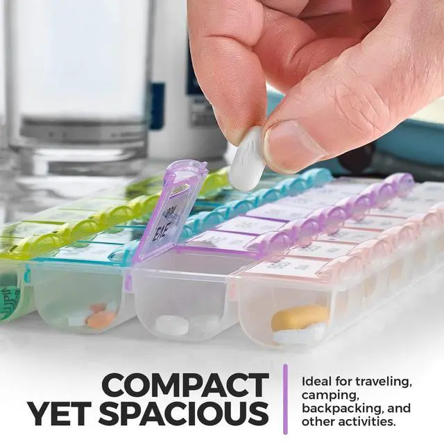 Alt view image 6 of 7 - Pill Organizer - Large Pill Organizer with Weekly and Daily 4-Times-A-Day Compartments for Morning, Noon, Evening, Night - BPA-Free, Portable and Travel Friendly Pill Boxes Case