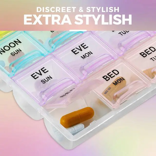 Alt view image 7 of 7 - Pill Organizer - Large Pill Organizer with Weekly and Daily 4-Times-A-Day Compartments for Morning, Noon, Evening, Night - BPA-Free, Portable and Travel Friendly Pill Boxes Case