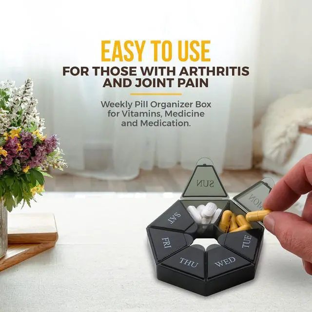 Alt view image 3 of 7 - Weekly Pill Organizer - (Pack of 2) 7-Day Pill Container - Arthritis Friendly Portable & Compact Travel Case Daily Compartment Medicine Pills Box for Supplements, Medication, Vitamins and Fish Oils