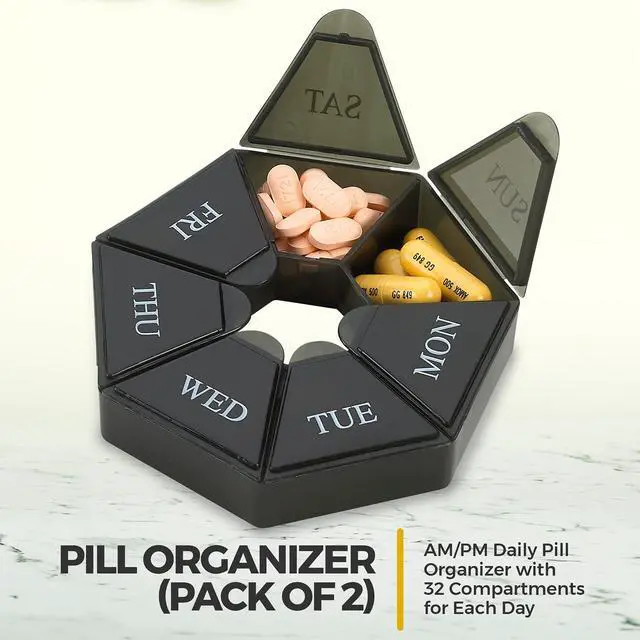 Alt view image 2 of 7 - Weekly Pill Organizer - (Pack of 2) 7-Day Pill Container - Arthritis Friendly Portable & Compact Travel Case Daily Compartment Medicine Pills Box for Supplements, Medication, Vitamins and Fish Oils