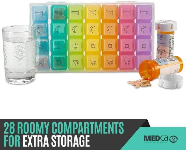 Alt view image 2 of 6 - Weekly Pill Organizer - 4 Compartment Am/pm Pill Box, 7 Day Large Travel Medication Dispenser Case for Vitamins and Medicines by MEDca
