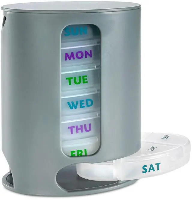 Main image of MEDca Weekly Pill Organizer, 1 Dispenser, 7 Stackable Compartments Four Times-a-Day - Morning, Noon, Evening, and Bedtime, Grey