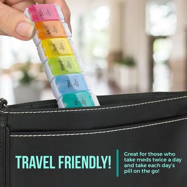 Alt view image 4 of 7 - 7 Day Pill Organizers - (Pack of 2) Easy Push Button Assisted Open, AM PM Daily Travel Pill Box Case Planner and Large Compartments for Medication Vitamins Fish Oil & Supplements, BPA Free