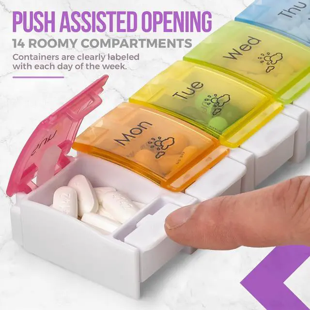 Alt view image 3 of 7 - 7 Day Pill Organizers - (Pack of 2) Easy Push Button Assisted Open, AM PM Daily Travel Pill Box Case Planner and Large Compartments for Medication Vitamins Fish Oil & Supplements, BPA Free