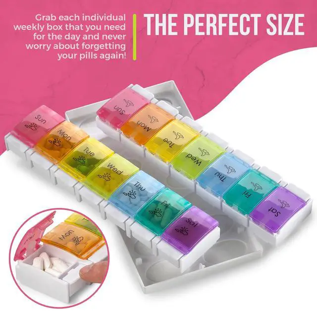 Alt view image 5 of 7 - 7 Day Pill Organizers - (Pack of 2) Easy Push Button Assisted Open, AM PM Daily Travel Pill Box Case Planner and Large Compartments for Medication Vitamins Fish Oil & Supplements, BPA Free