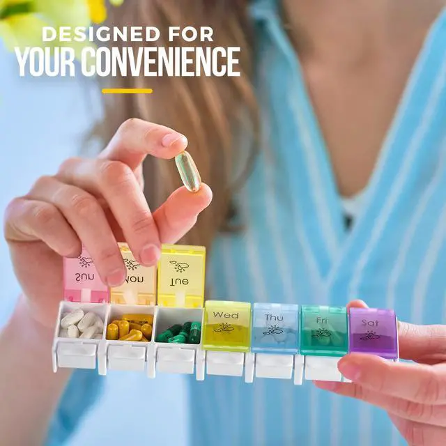 Alt view image 7 of 7 - 7 Day Pill Organizers - (Pack of 2) Easy Push Button Assisted Open, AM PM Daily Travel Pill Box Case Planner and Large Compartments for Medication Vitamins Fish Oil & Supplements, BPA Free