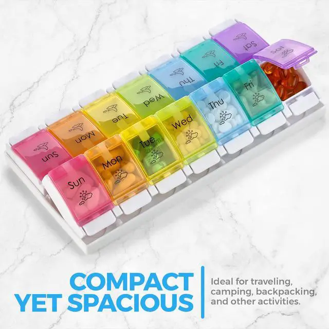 Alt view image 6 of 7 - 7 Day Pill Organizers - (Pack of 2) Easy Push Button Assisted Open, AM PM Daily Travel Pill Box Case Planner and Large Compartments for Medication Vitamins Fish Oil & Supplements, BPA Free