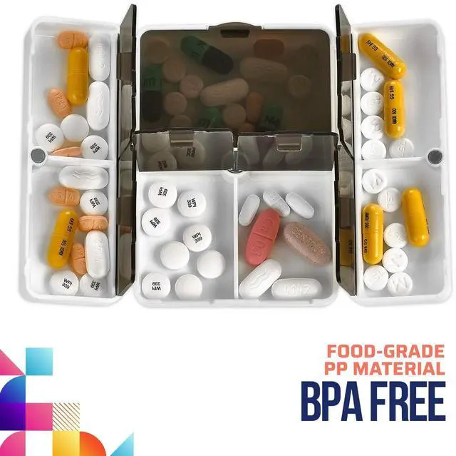Alt view image 2 of 7 - Magnetic Foldable Pill Box Case - (2 Pack) 7 Day Weekly Medicine Organizer - Portable Compact Lightweight Pill Container w/ 7 Compartments, Dustproof, Air-Tight, BPA-Free f Vitamins and Supplements