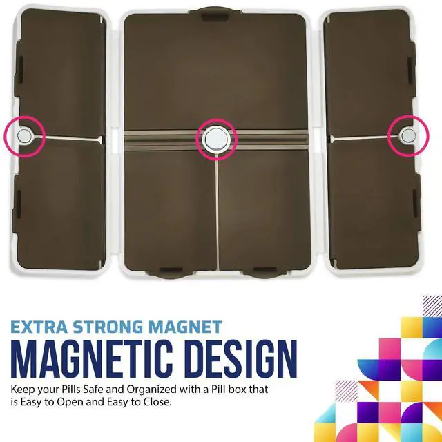 Alt view image 6 of 7 - Magnetic Foldable Pill Box Case - (2 Pack) 7 Day Weekly Medicine Organizer - Portable Compact Lightweight Pill Container w/ 7 Compartments, Dustproof, Air-Tight, BPA-Free f Vitamins and Supplements