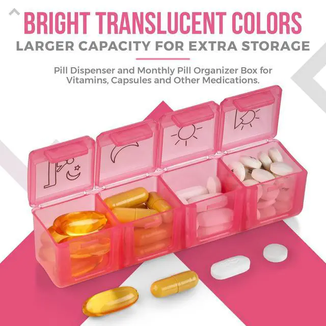 Alt view image 2 of 7 - Weekly Pill Organizer - Portable 4 Times-A-Day - Water Moisture-Proof AM/PM Pill Case, Colorful 7 Day Medicine Holder Pill Box with Labels for Prescriptions, Medications, Vitamins, and Supplements