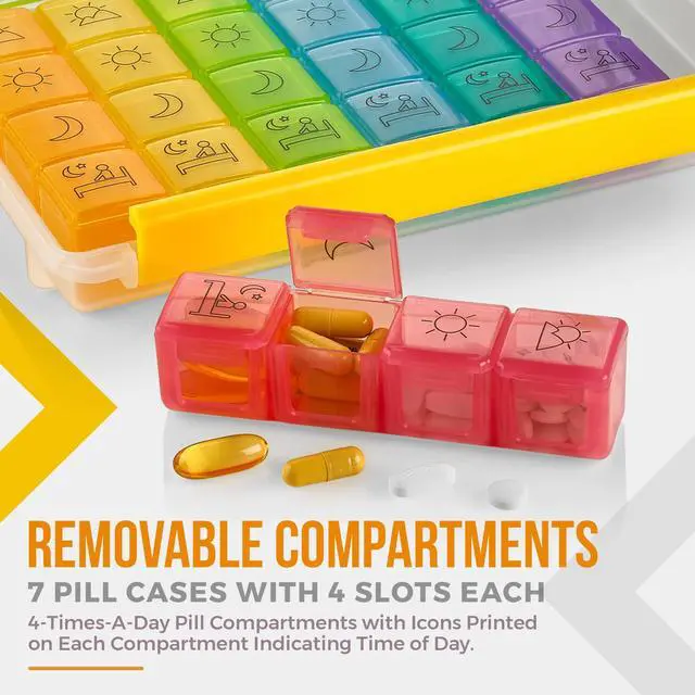 Alt view image 3 of 7 - Weekly Pill Organizer - Portable 4 Times-A-Day - Water Moisture-Proof AM/PM Pill Case, Colorful 7 Day Medicine Holder Pill Box with Labels for Prescriptions, Medications, Vitamins, and Supplements