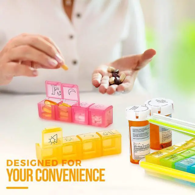 Alt view image 7 of 7 - Weekly Pill Organizer - Portable 4 Times-A-Day - Water Moisture-Proof AM/PM Pill Case, Colorful 7 Day Medicine Holder Pill Box with Labels for Prescriptions, Medications, Vitamins, and Supplements