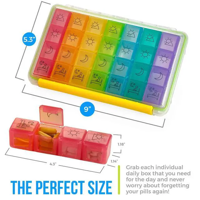 Alt view image 5 of 7 - Weekly Pill Organizer - Portable 4 Times-A-Day - Water Moisture-Proof AM/PM Pill Case, Colorful 7 Day Medicine Holder Pill Box with Labels for Prescriptions, Medications, Vitamins, and Supplements