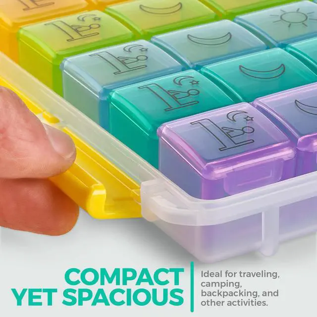 Alt view image 6 of 7 - Weekly Pill Organizer - Portable 4 Times-A-Day - Water Moisture-Proof AM/PM Pill Case, Colorful 7 Day Medicine Holder Pill Box with Labels for Prescriptions, Medications, Vitamins, and Supplements